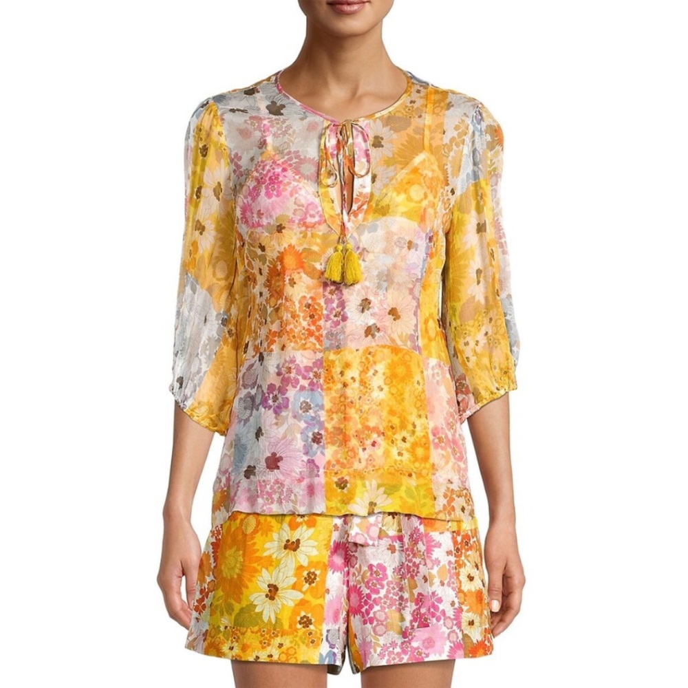 Johnny Was Becky Floral-Print Chiffon Peasant Silk Top